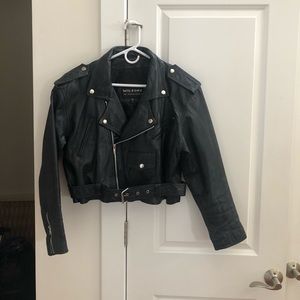 Cropped black leather biker jacket